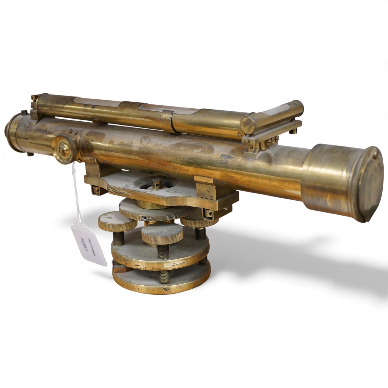 A late 19th century lacquered brass level, by R.W. Street & Co., Commerce Rd., Lambeth, with an incorporated 16 inch telescope, with an ash tripod, uncased, 41cm long